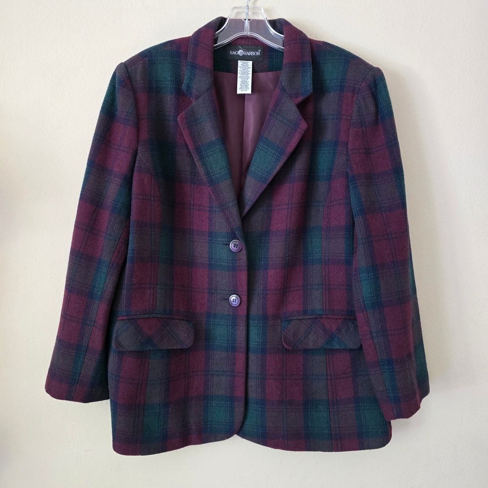 Sag Harbor Womens Plaid Blazer Jacket Burgundy Green Blue Two Button Vtg